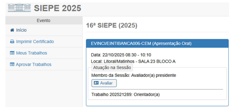 Informações de local, dia e horário das sessões no Sistema de Eventos da UFPR