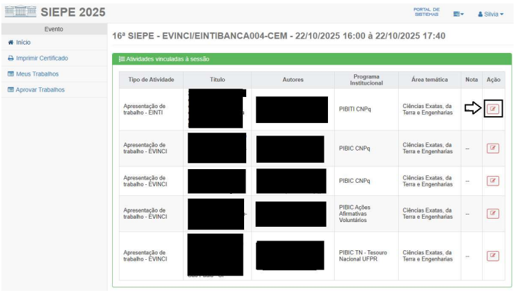 Opção Avaliar nas sessões do Sistema de Eventos da UFPR
