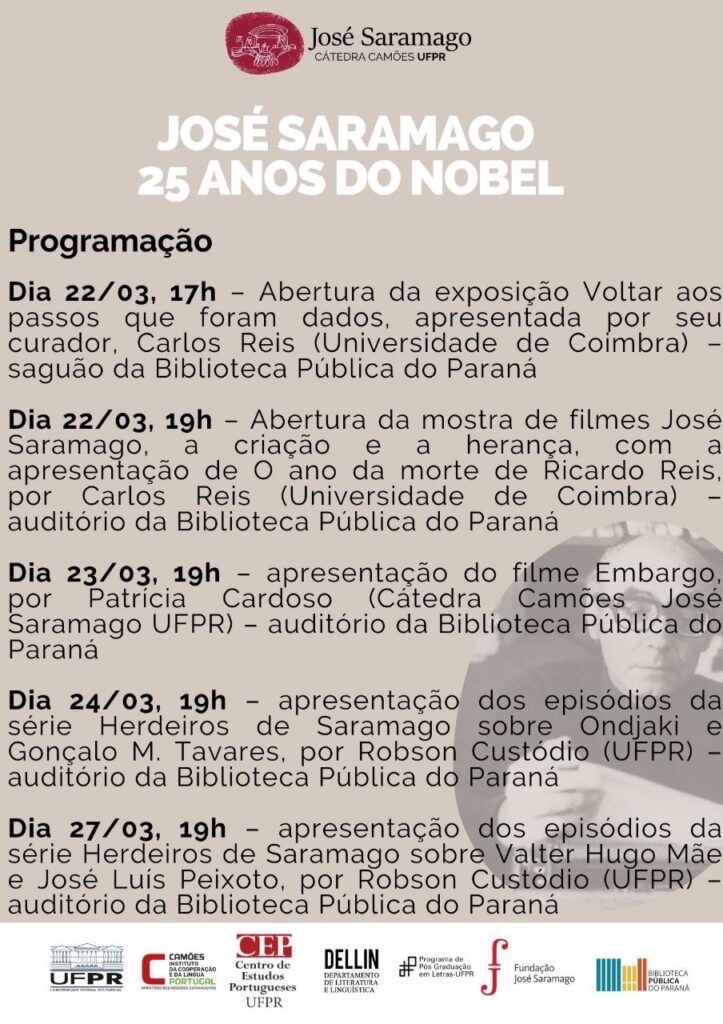 Cartaz com a programação do evento José Saramago - 25 anos do Nobel.